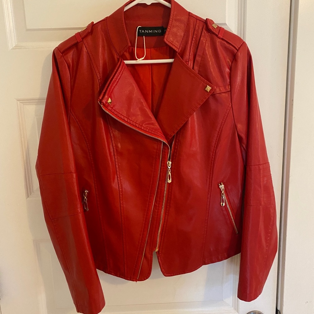 Red faux-leather moto jacket with gold details L